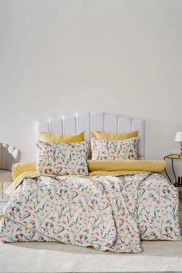 Botanisches Doppelbett-Tagesdecken- und Steppdecken-Set – 7-teiliges Brautset