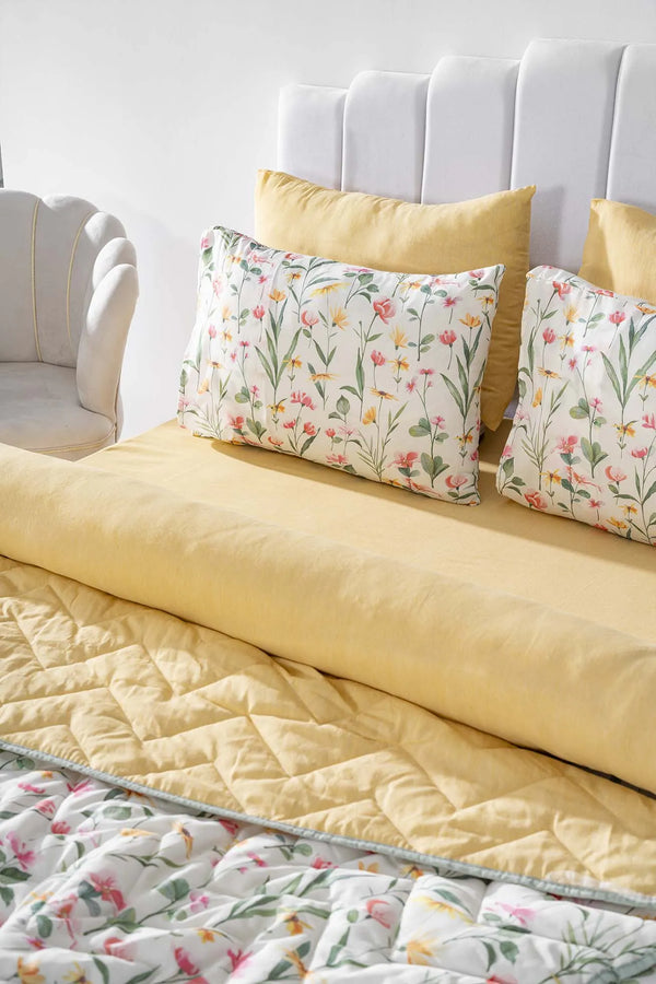 Botanisches Doppelbett-Tagesdecken- und Steppdecken-Set – 7-teiliges Brautset