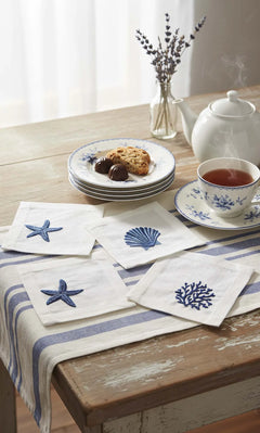 Marineblaues, besticktes 6er-Set Servietten, Cocktailservietten, Kaffeeservietten, Untersetzer
