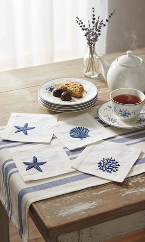 Marineblaues, besticktes 6er-Set Servietten, Cocktailservietten, Kaffeeservietten, Untersetzer