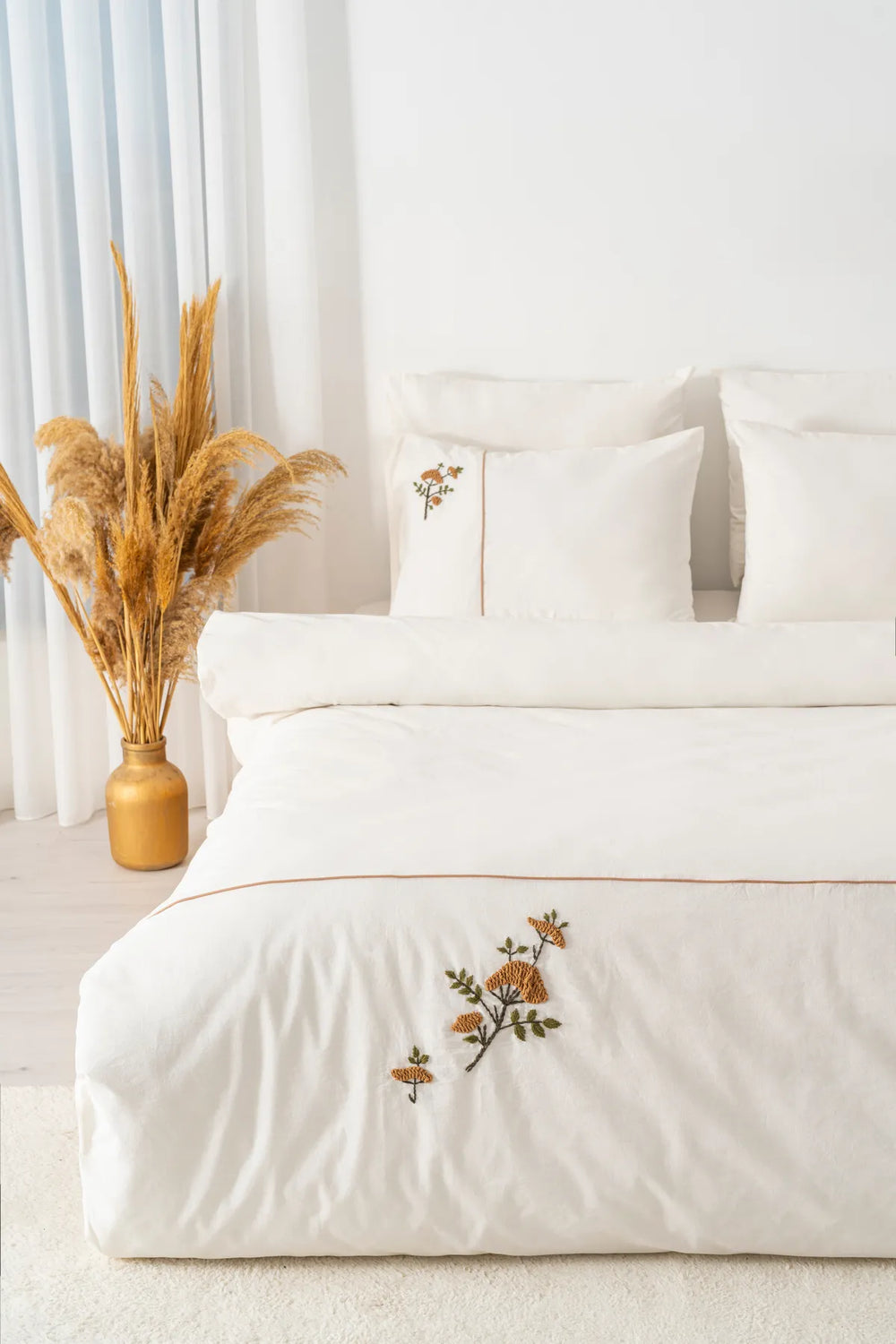 Donna Beige besticktes Doppelbettwäsche-Set aus Baumwolle - 6-teiliges Brautset