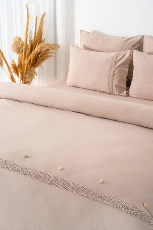 Grace Cappuccino Bettwäsche-Set mit Spitzenbesatz, 100 % Baumwolle, 6-teilig, Braut-Set