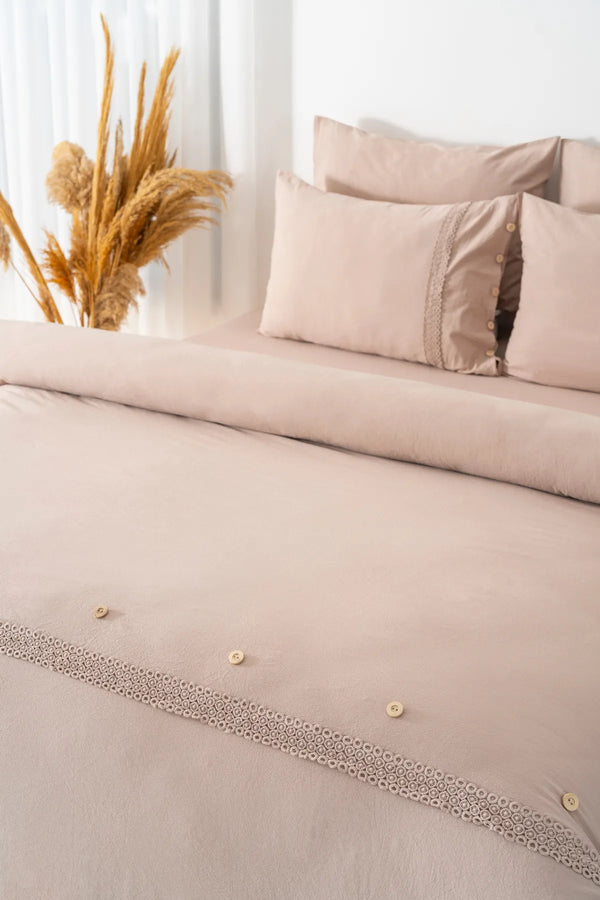 Grace Cappuccino Bettwäsche-Set mit Spitzenbesatz, 100 % Baumwolle, 6-teilig, Braut-Set
