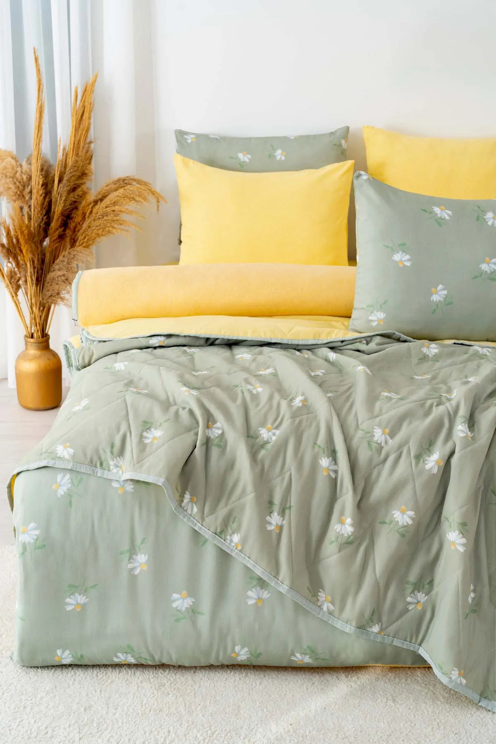 Bettwäsche-Set „Green Daisy“ für Doppelbetten – 7-teiliges Braut-Set