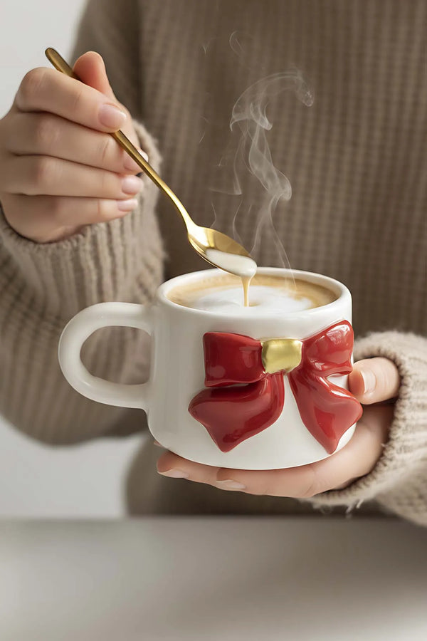 Ribbon Amore 24K Goldverzierte handgefertigte Keramik-Doppelkaffeetasse, Becher, Tasse – Weihnachtsgeschenk