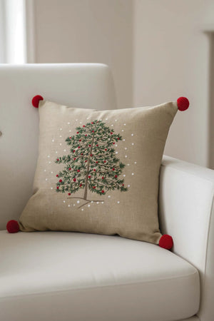 Kissenbezug mit Kiefernbaum-Stickerei und Pompons in Strohoptik, Beige