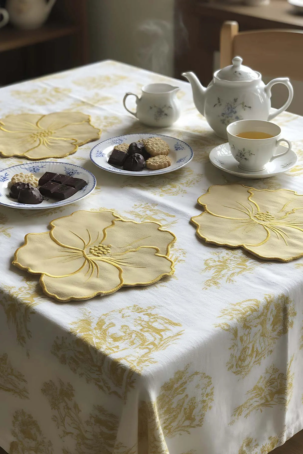 Gelbes Servietten-Set mit 4 Stück, bestickt mit Blumenmuster, Cocktailservietten, Kaffeeservietten, Untersetzer