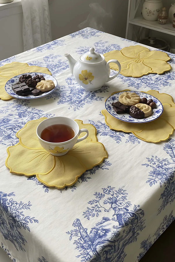 Gelbes Servietten-Set mit 4 Stück, bestickt mit Blumenmuster, Cocktailservietten, Kaffeeservietten, Untersetzer