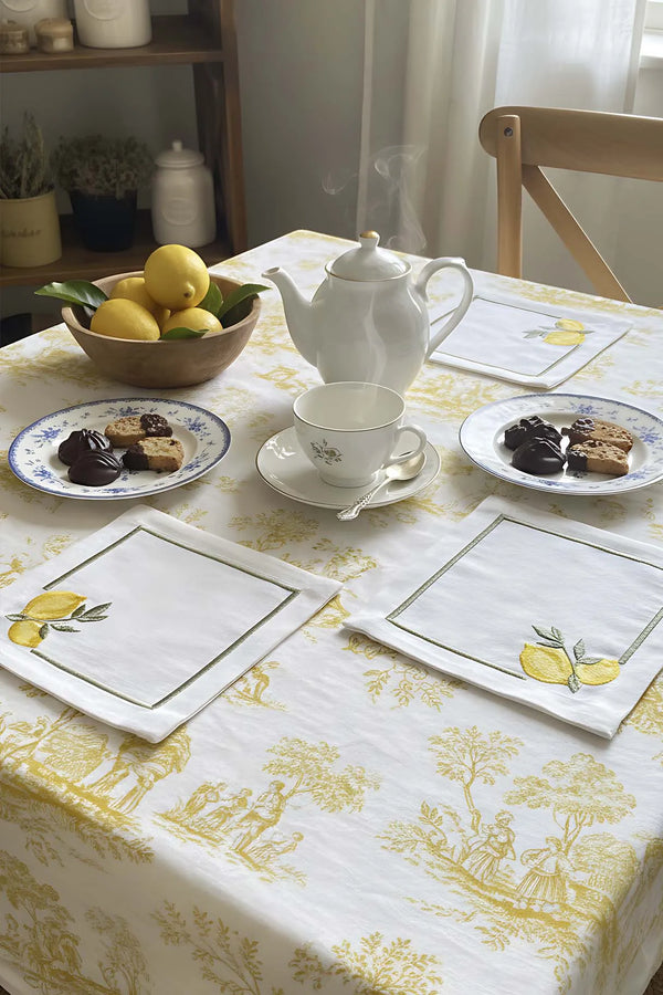 Set mit 4 bestickten Servietten mit Zitronenmotiv, Cocktailservietten, Kaffeeservietten, Untersetzern