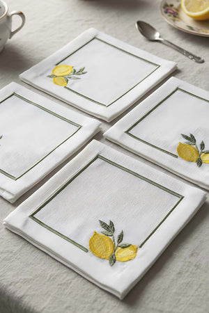 Set mit 4 bestickten Servietten mit Zitronenmotiv, Cocktailservietten, Kaffeeservietten, Untersetzern