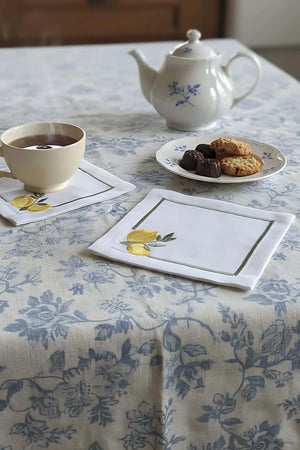 Set mit 4 bestickten Servietten mit Zitronenmotiv, Cocktailservietten, Kaffeeservietten, Untersetzern