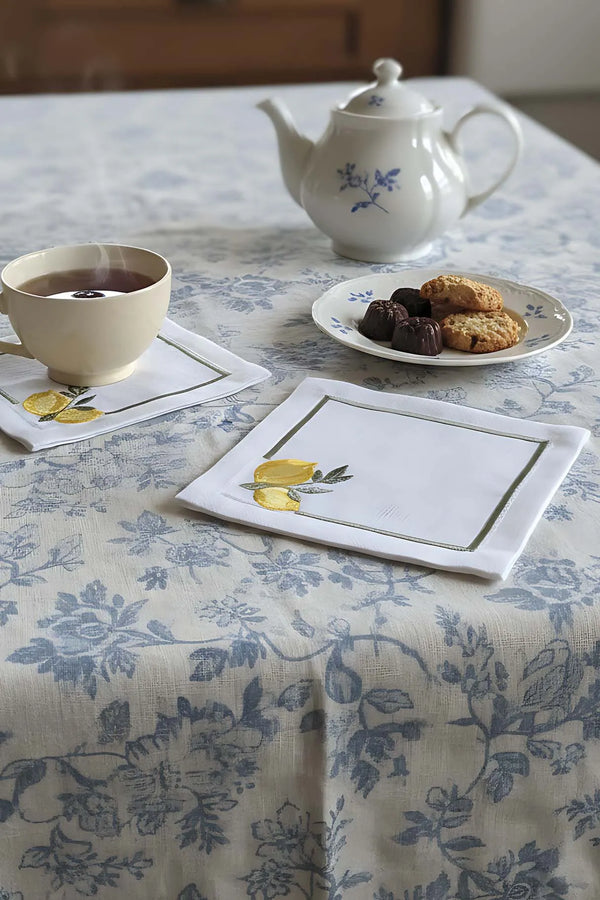Set mit 4 bestickten Servietten mit Zitronenmotiv, Cocktailservietten, Kaffeeservietten, Untersetzern