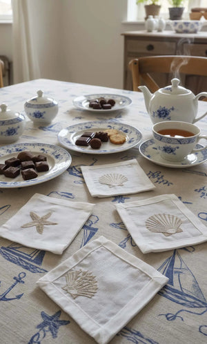 Set mit 6 bestickten Servietten in Marineblau, Beige, Cocktailservietten, Kaffeeservietten und Untersetzern