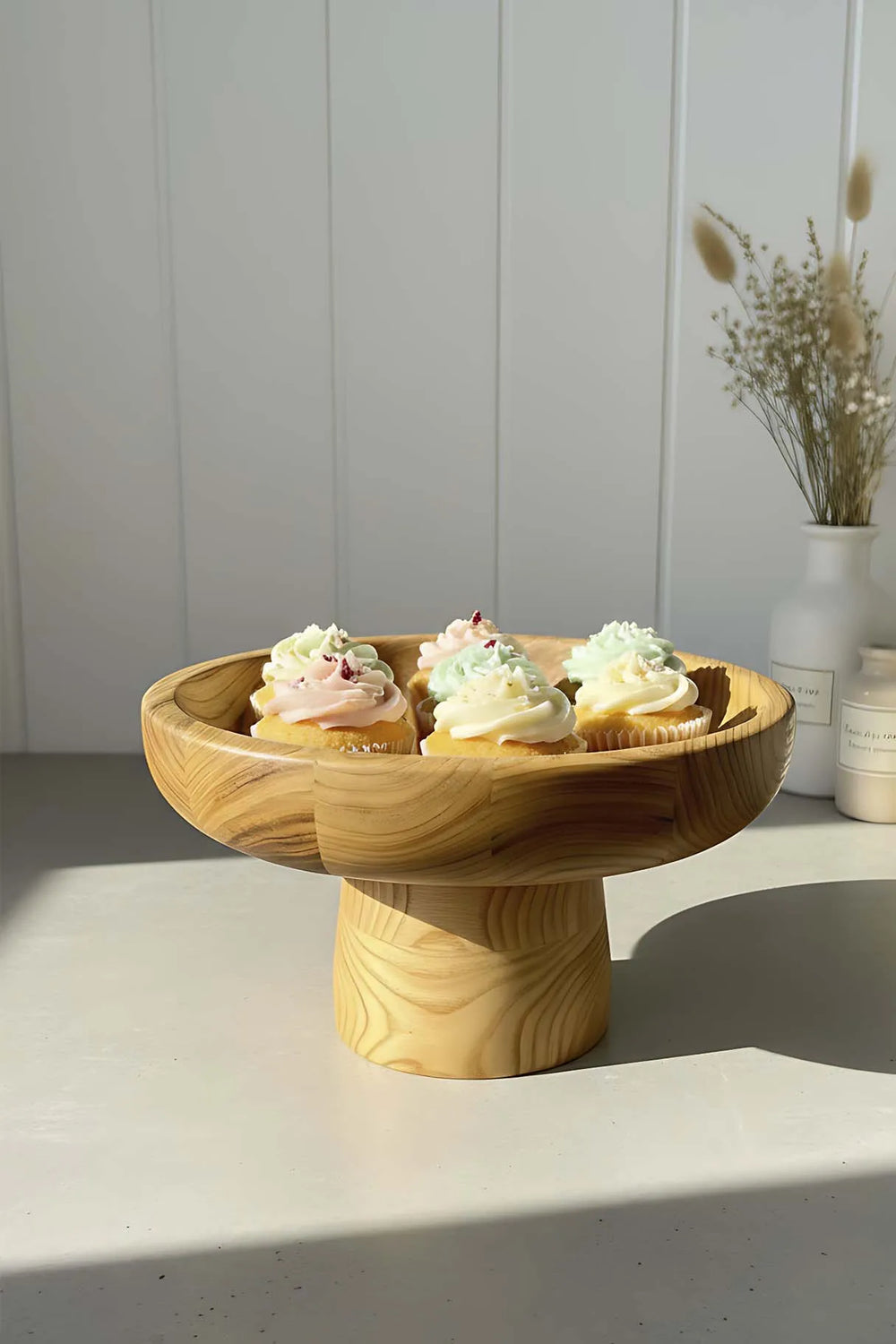 Servierschale aus Kastanienholz mit Holzständer, Serviertablett
