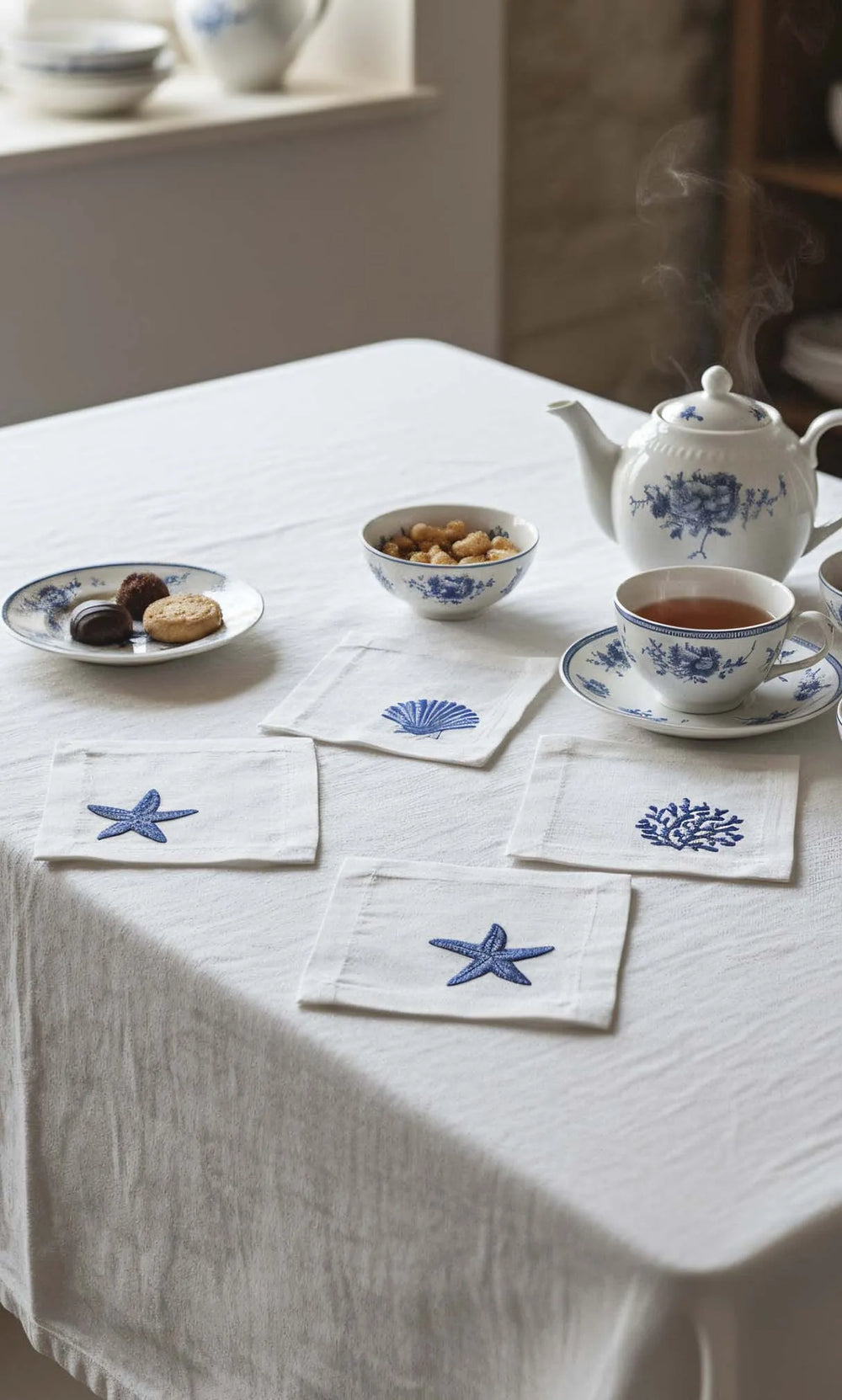 Marineblaues, besticktes 6er-Set Servietten, Cocktailservietten, Kaffeeservietten, Untersetzer