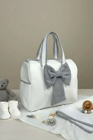 Wickeltasche mit Schleife, graues Band, Mutter und Baby
