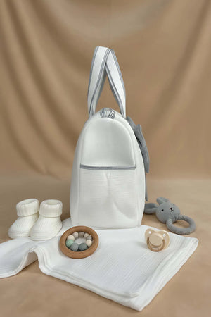 Wickeltasche mit Schleife, graues Band, Mutter und Baby