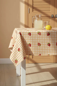 Tischdecke, Esszimmerdecke, Picknickdecke mit orangefarbenem Vichy-Karo und Erdbeermuster