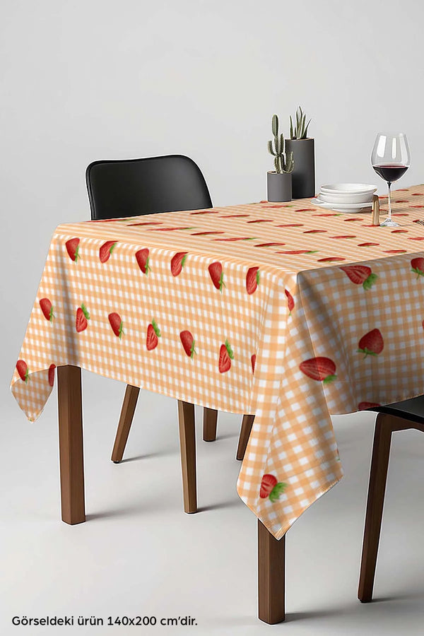 Tischdecke, Esszimmerdecke, Picknickdecke mit orangefarbenem Vichy-Karo und Erdbeermuster