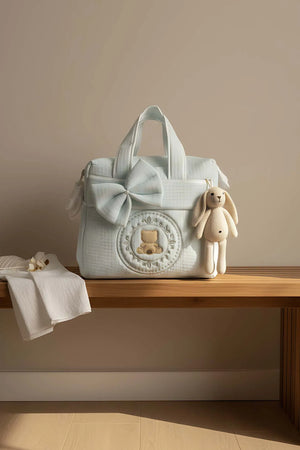 Wickeltasche mit blauem Teddybär-Schleifenmuster