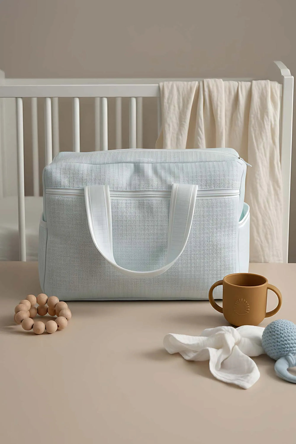 Wickeltasche mit blauem Teddybär-Schleifenmuster