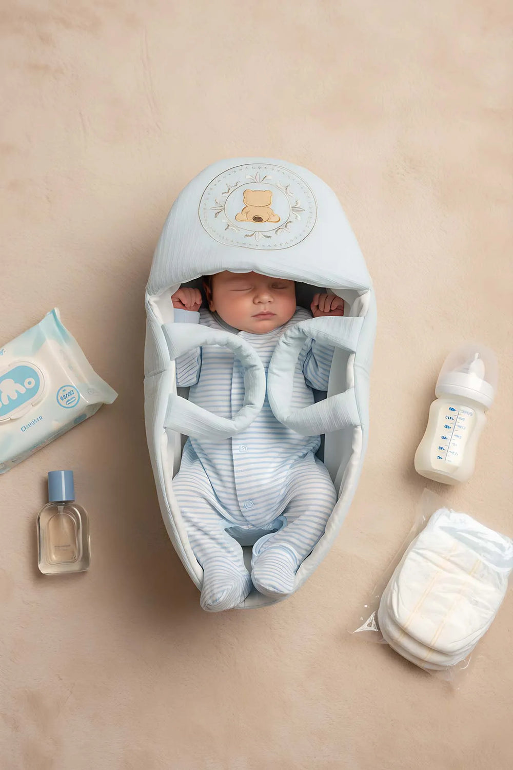 Babytrage mit blauem Teddybär