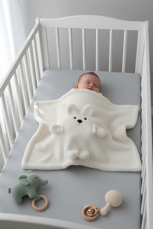 Weiße Plüsch-Babydecke mit Teddybär-Motiv
