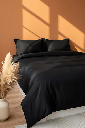 Elegantes schwarzes Satin-Bettwäscheset für Doppelbetten aus 100 % Baumwolle – 4-teilig