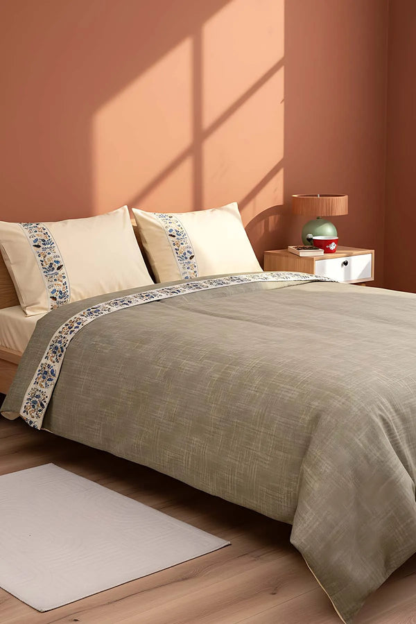 Folkart Beige Doppelbettwäsche-Set mit Muster aus 100% Baumwolle - 4-teilig