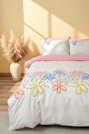 Bellis Pink Doppelbettwäsche-Set mit 6-teiligem, gesticktem Bettbezug aus 100 % Baumwolle – Braut-Set