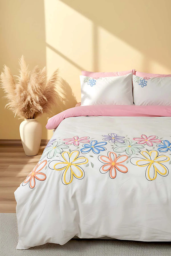 Bellis Pink Doppelbettwäsche-Set mit 6-teiligem, gesticktem Bettbezug aus 100 % Baumwolle – Braut-Set