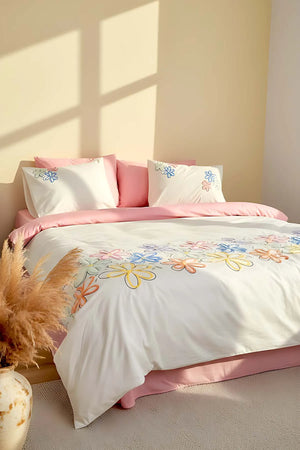 Bellis Pink Doppelbettwäsche-Set mit 6-teiligem, gesticktem Bettbezug aus 100 % Baumwolle – Braut-Set