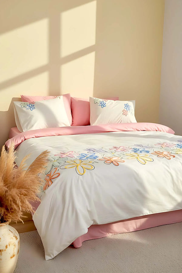 Bellis Pink Doppelbettwäsche-Set mit 6-teiligem, gesticktem Bettbezug aus 100 % Baumwolle – Braut-Set