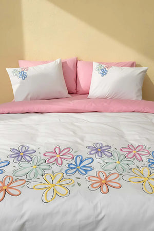 Bellis Pink Doppelbettwäsche-Set mit 6-teiligem, gesticktem Bettbezug aus 100 % Baumwolle – Braut-Set