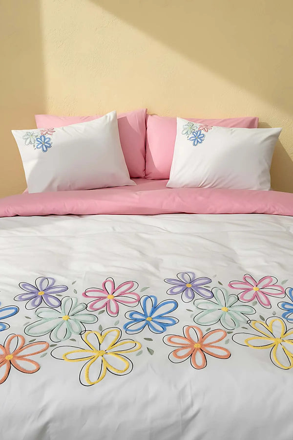 Bellis Pink Doppelbettwäsche-Set mit 6-teiligem, gesticktem Bettbezug aus 100 % Baumwolle – Braut-Set
