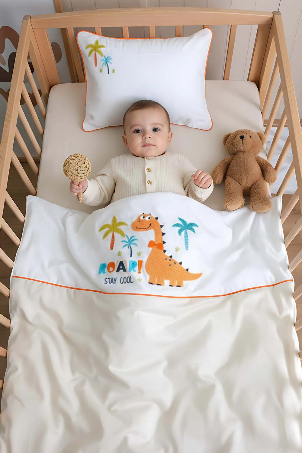 Kiddo Cream Punch besticktes Babybettwäsche-Set aus 100 % Baumwolle