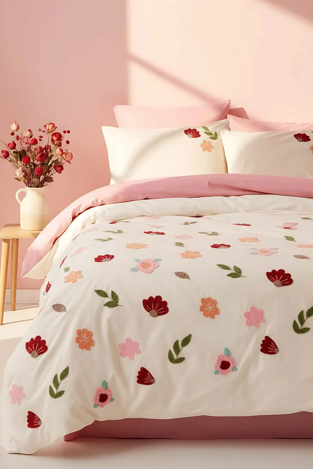 Bettwäsche-Set „Puff Embroidered Blossom Salmon“ aus 100 % Baumwolle, 6-teilig, ideal für Hochzeiten