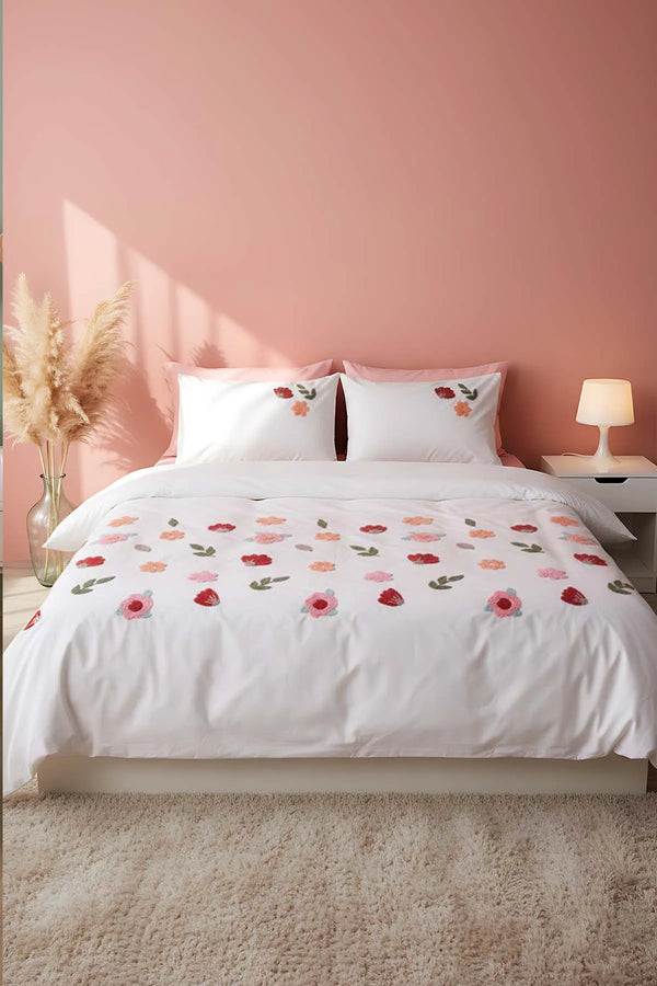 Bettwäsche-Set „Puff Embroidered Blossom Salmon“ aus 100 % Baumwolle, 6-teilig, ideal für Hochzeiten