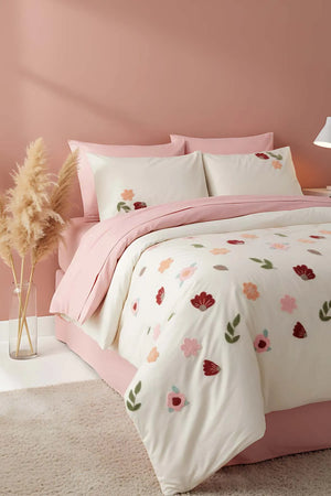 Bettwäsche-Set „Puff Embroidered Blossom Salmon“ aus 100 % Baumwolle, 6-teilig, ideal für Hochzeiten
