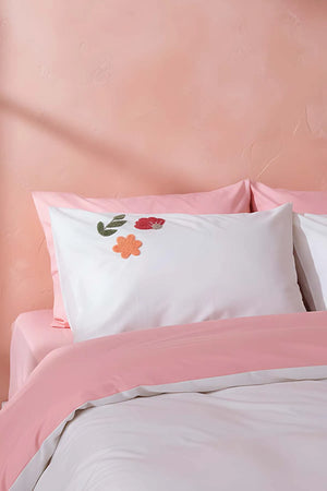 Bettwäsche-Set „Puff Embroidered Blossom Salmon“ aus 100 % Baumwolle, 6-teilig, ideal für Hochzeiten
