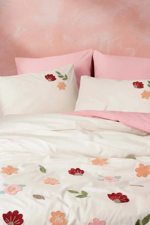 Bettwäsche-Set „Puff Embroidered Blossom Salmon“ aus 100 % Baumwolle, 6-teilig, ideal für Hochzeiten