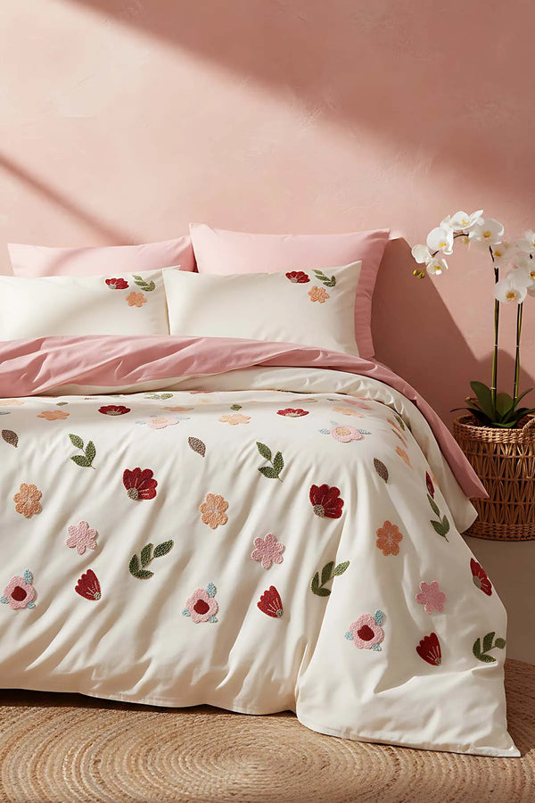 Bettwäsche-Set „Puff Embroidered Blossom Salmon“ aus 100 % Baumwolle, 6-teilig, ideal für Hochzeiten
