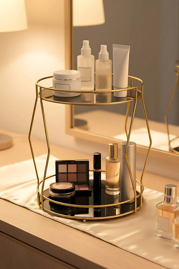Goldener, zweistöckiger Organizer für Parfüm, Schmuck und Kosmetik