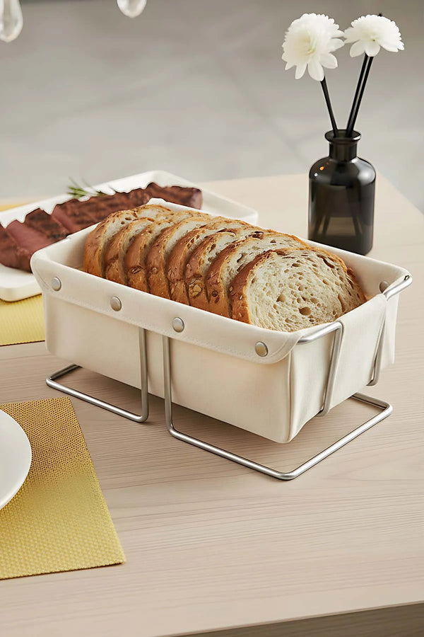 Silberner rechteckiger Brotkorb & abnehmbarer beigefarbener Canvas-Bezug