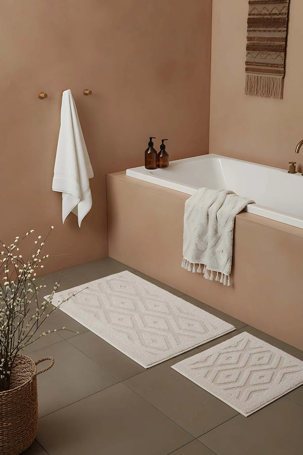 2-teiliges Bad- und WC-Matten-Set aus Baumwolle mit cremefarbenem Rautenmuster