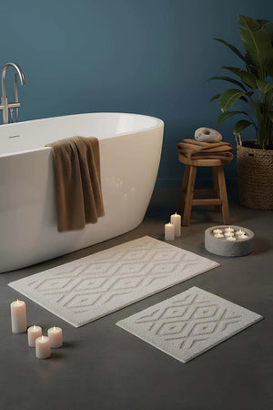2-teiliges Bad- und WC-Matten-Set aus Baumwolle mit cremefarbenem Rautenmuster