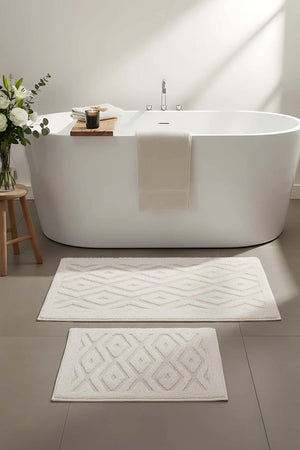 2-teiliges Bad- und WC-Matten-Set aus Baumwolle mit cremefarbenem Rautenmuster