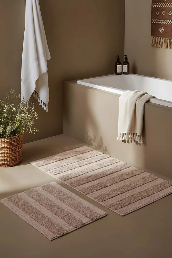 Beige geprägtes, gestreiftes 2-teiliges Bad- und WC-Matten-Set