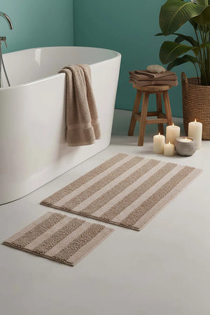 Beige geprägtes, gestreiftes 2-teiliges Bad- und WC-Matten-Set