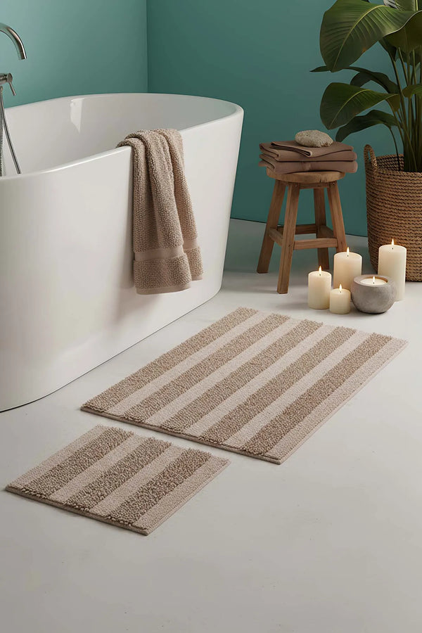 Beige geprägtes, gestreiftes 2-teiliges Bad- und WC-Matten-Set
